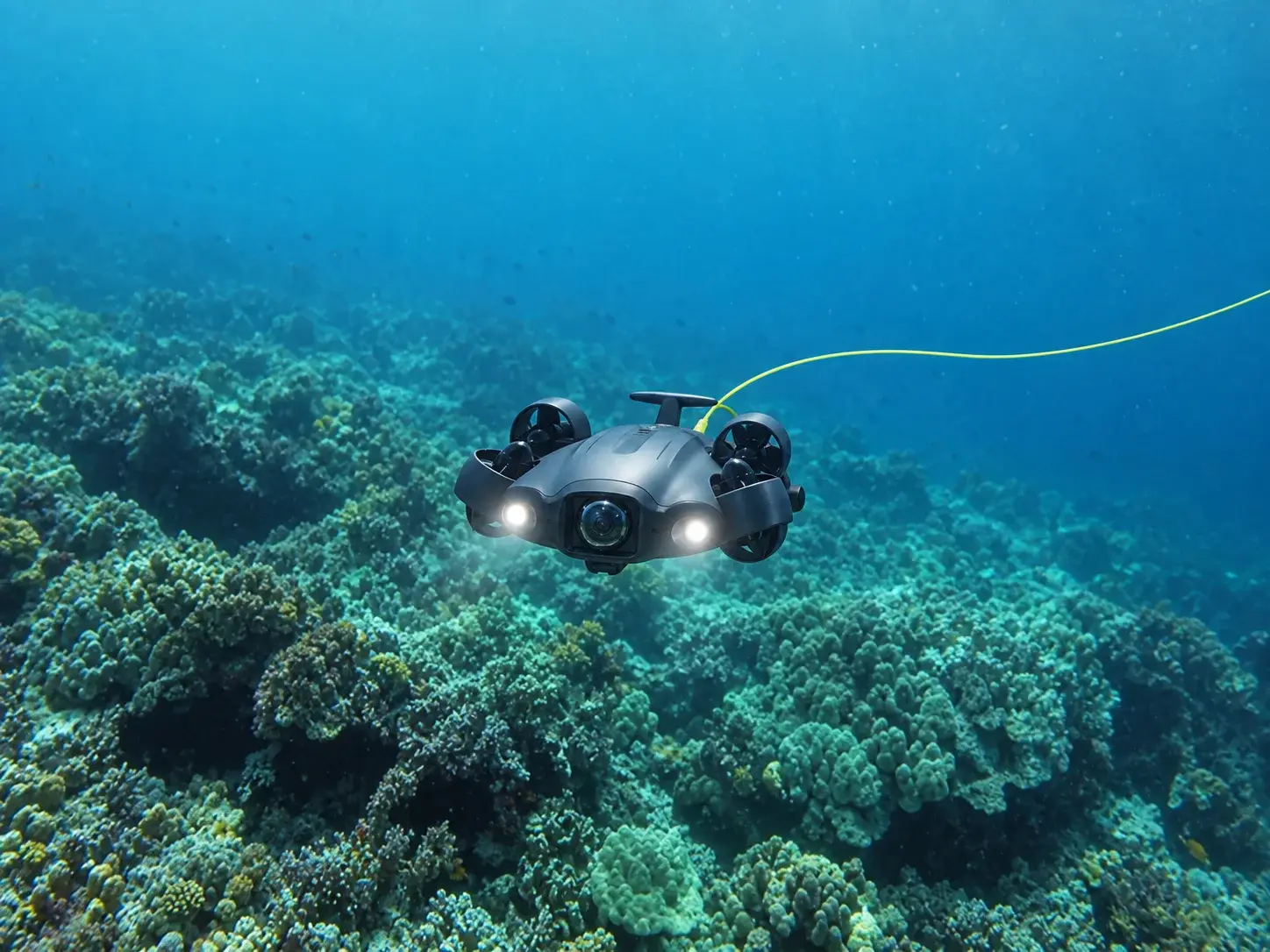The underwater drone flying over a coral reef in clear blue water during an expedition in Curaçao